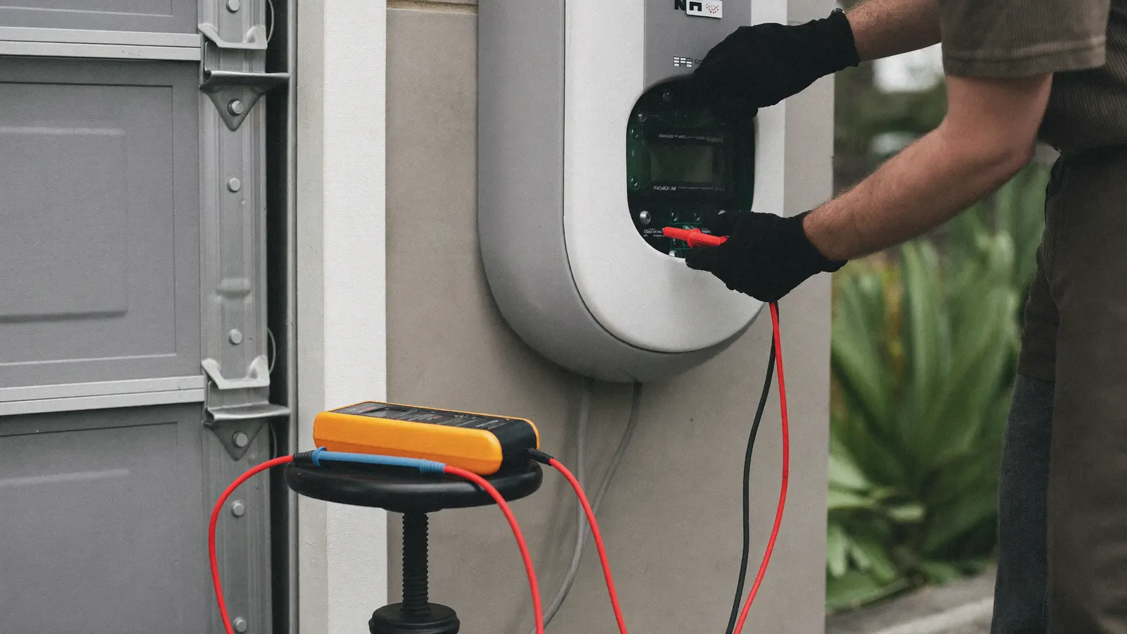Electrician troubleshooting a home EV charger circuit at the breaker panel