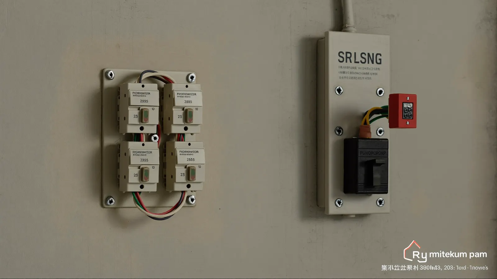 Old screw-in fuse panel next to a modern breaker panel